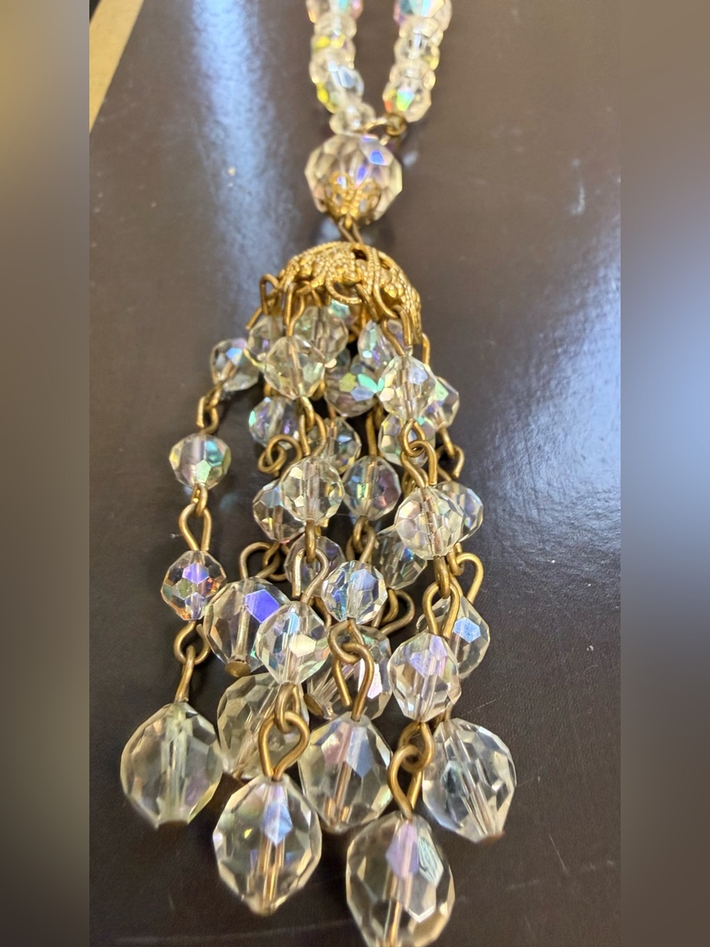 Vintage Crystal Bead Tassel Necklace - AB Crystals and Gold - Picture 9 of 10